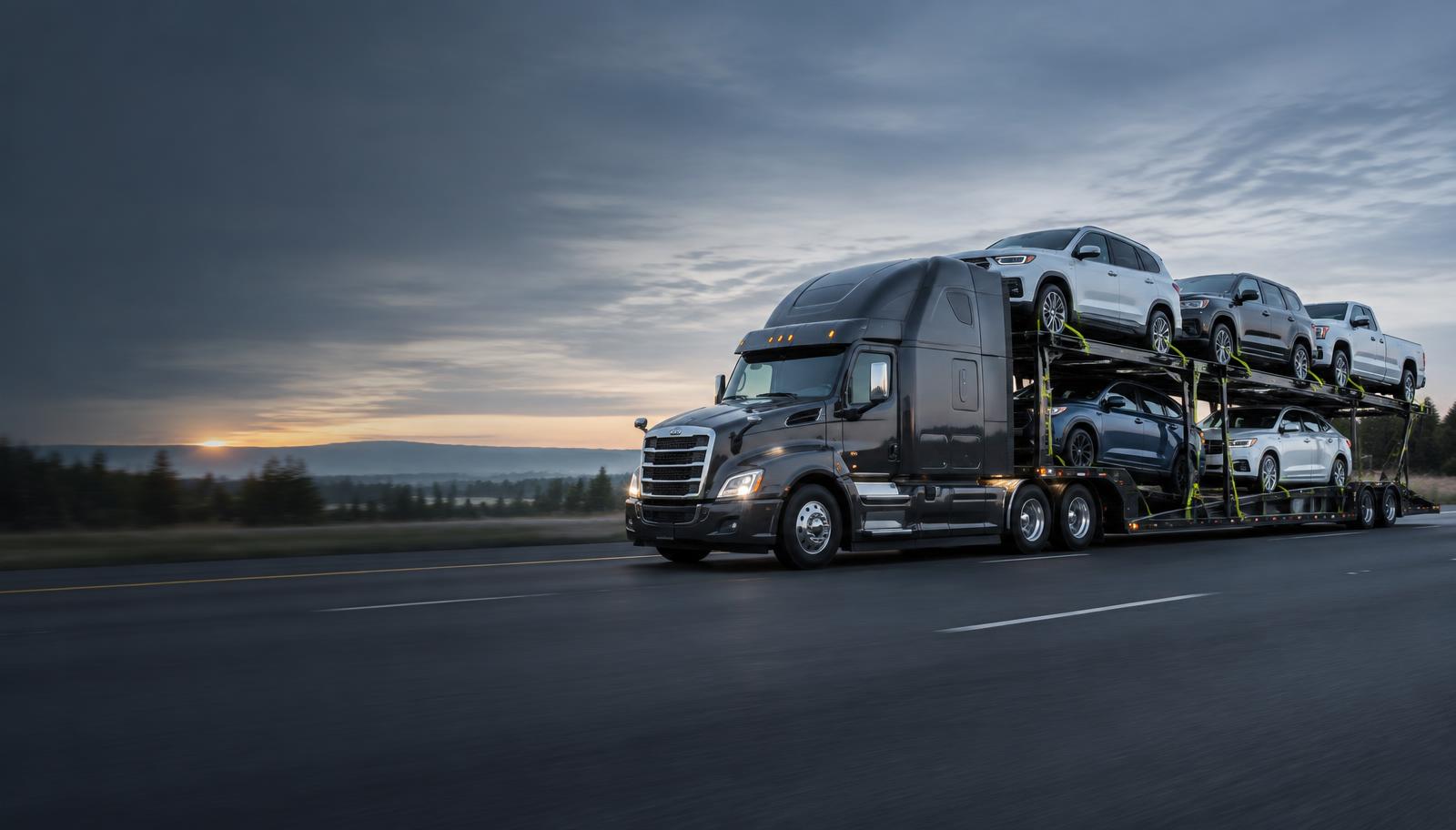 Car hauler transporting vehicles on an American highway